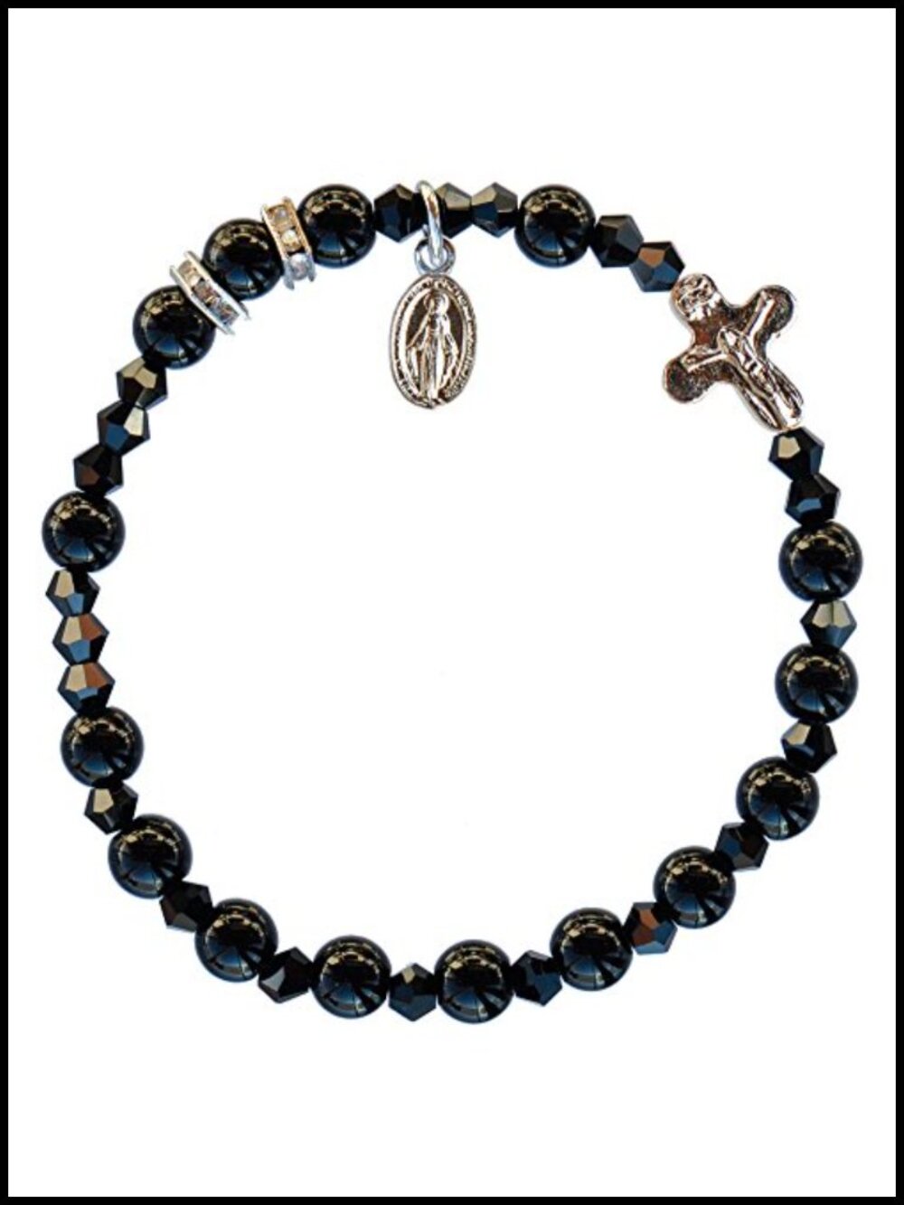Genuine Black Onyx Stretch Rosary Bracelet with Miraculous Medal and Crucifix